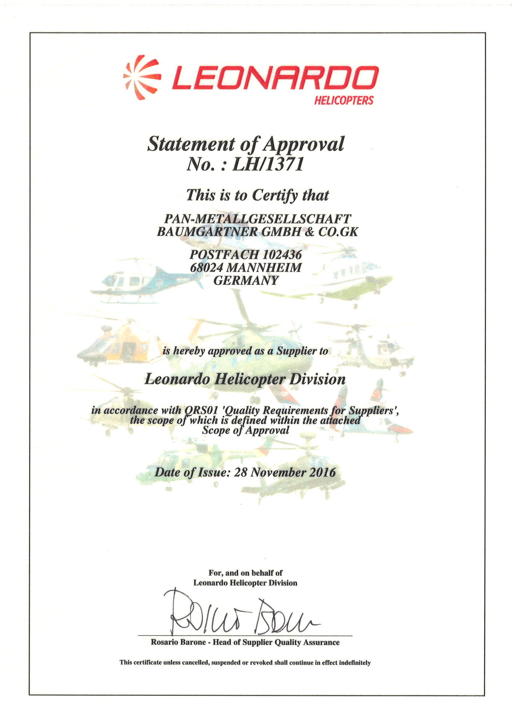 Zertifikat Patent Leonardo